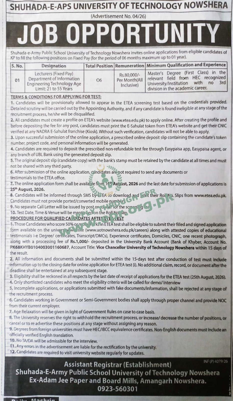 SHUHADA-E-APS UNIVERSITY OF TECHNOLOGY NOWSHERA
(INF(P)4079/26 ) - SHUHADA-E-APS UNIVERSITY OF TECHNOLOGY NOWSHERA