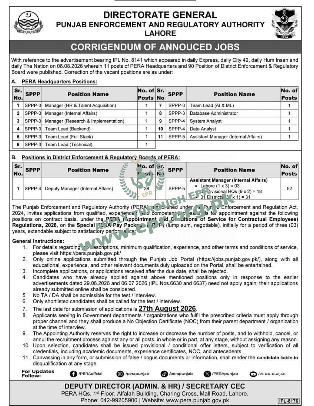 Punjab Enforcement and Regulatory Authority (PERA), Lahore
(IPL-8141 ) - Punjab Enforcement and Regulatory Authority (PERA), Lahore